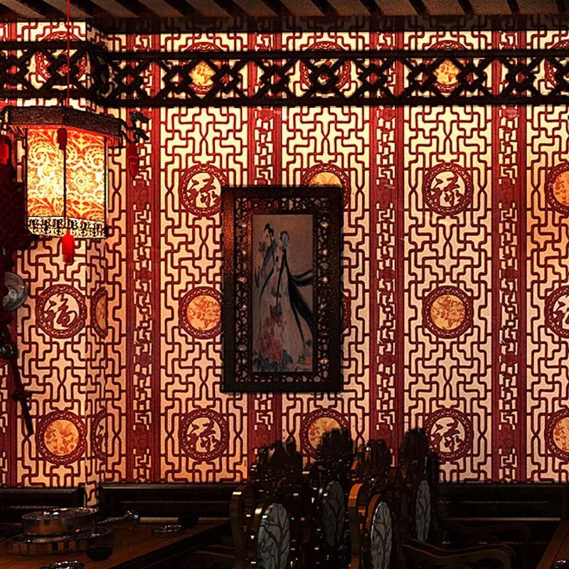 Chinese Classical Imitation Wood Carving Window Patterns Wallpaper Living Room Study Entrance TV Background Wall Thickened