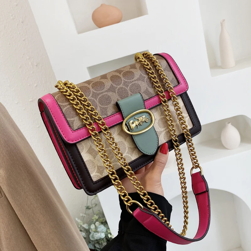 The new luxury Korean version of the ladies shoulder bag contrast color chain fashion small square bag casual messenger bag