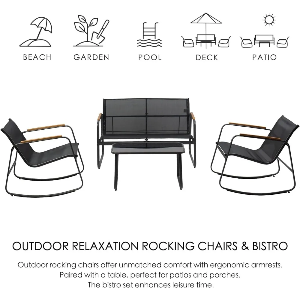 4 Piece Patio Furniture Set Outdoor Conversation Set with 2 Patio Dining Chairs and Tempered Coffee Table Strong Powder