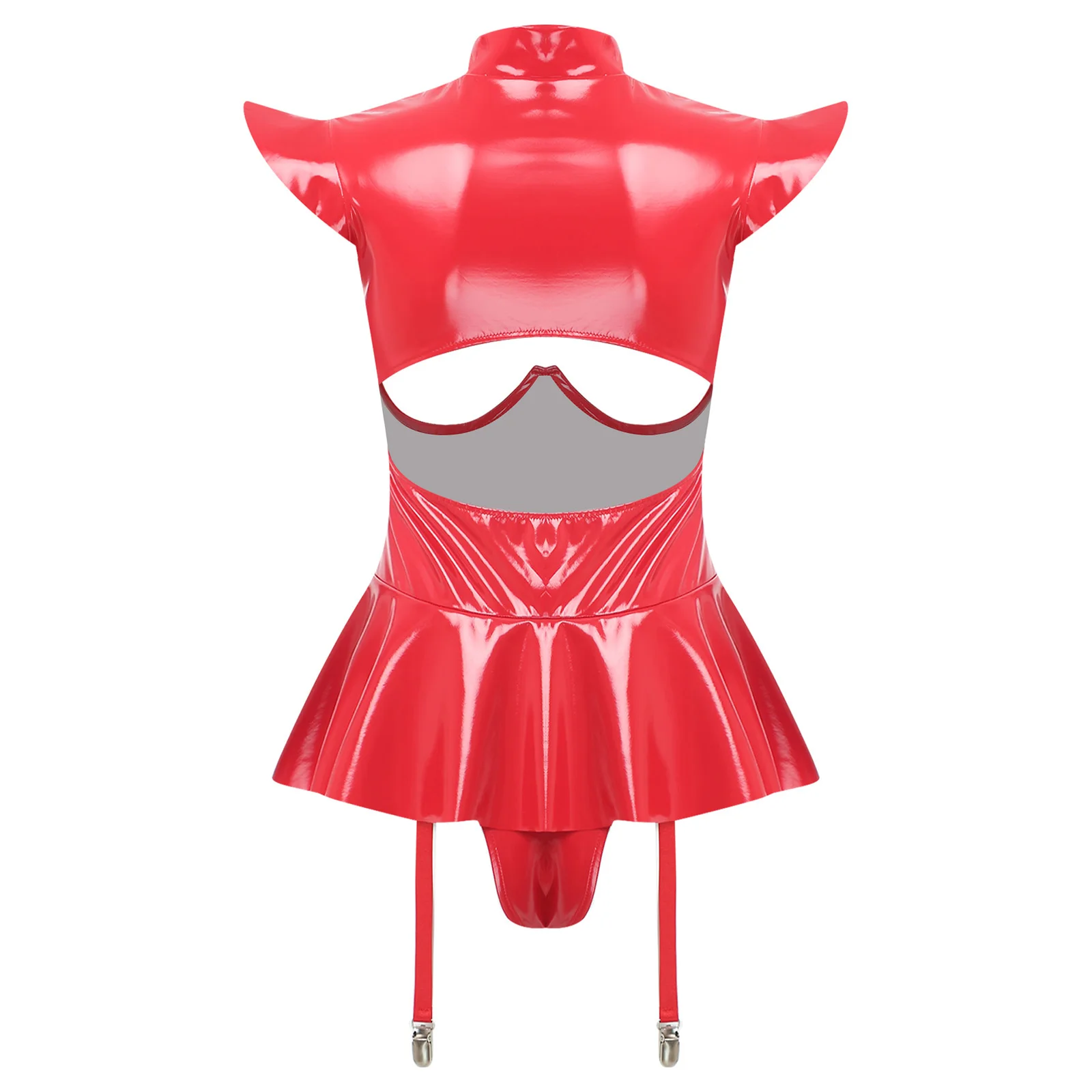 

Womens Lingerie Glossy PU Leather Latex Bodysuit Fly Sleeve Hollow Out Push Up Underwire Ruffled Hem Garters Jumpsuit Clubwear