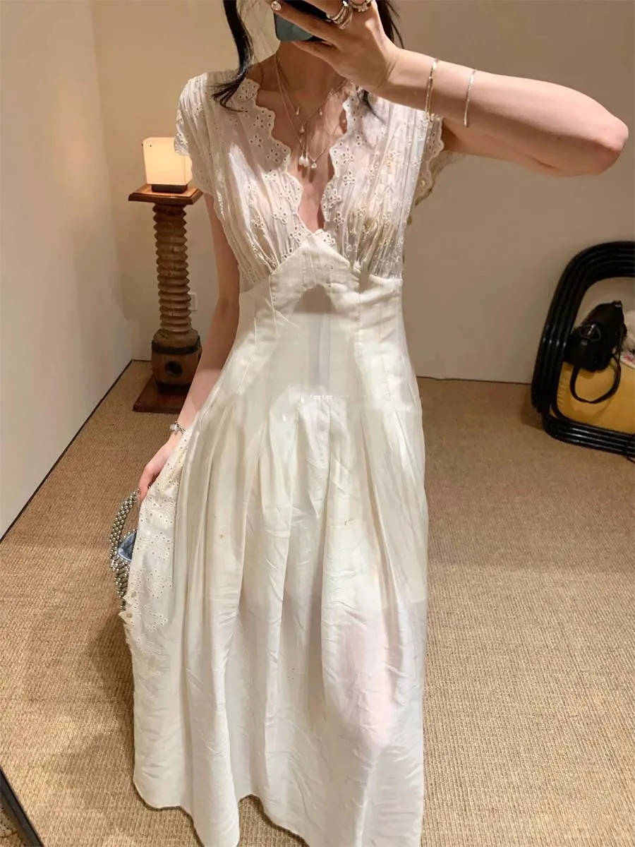 Twotwinstyle sólido solto sheer emendado dobras vestidos minimalistas para mulheres com decote em v mangas curtas elegante vestido longo moda feminina