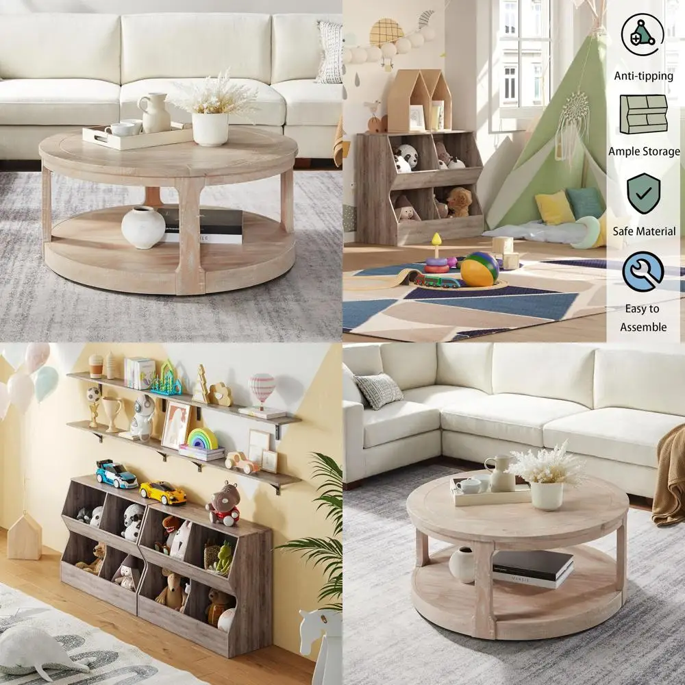 Mid-Century 40 Round Coffee Table on Wheels, Two-Tier Solid Wood Design with Vintage Farmhouse Style