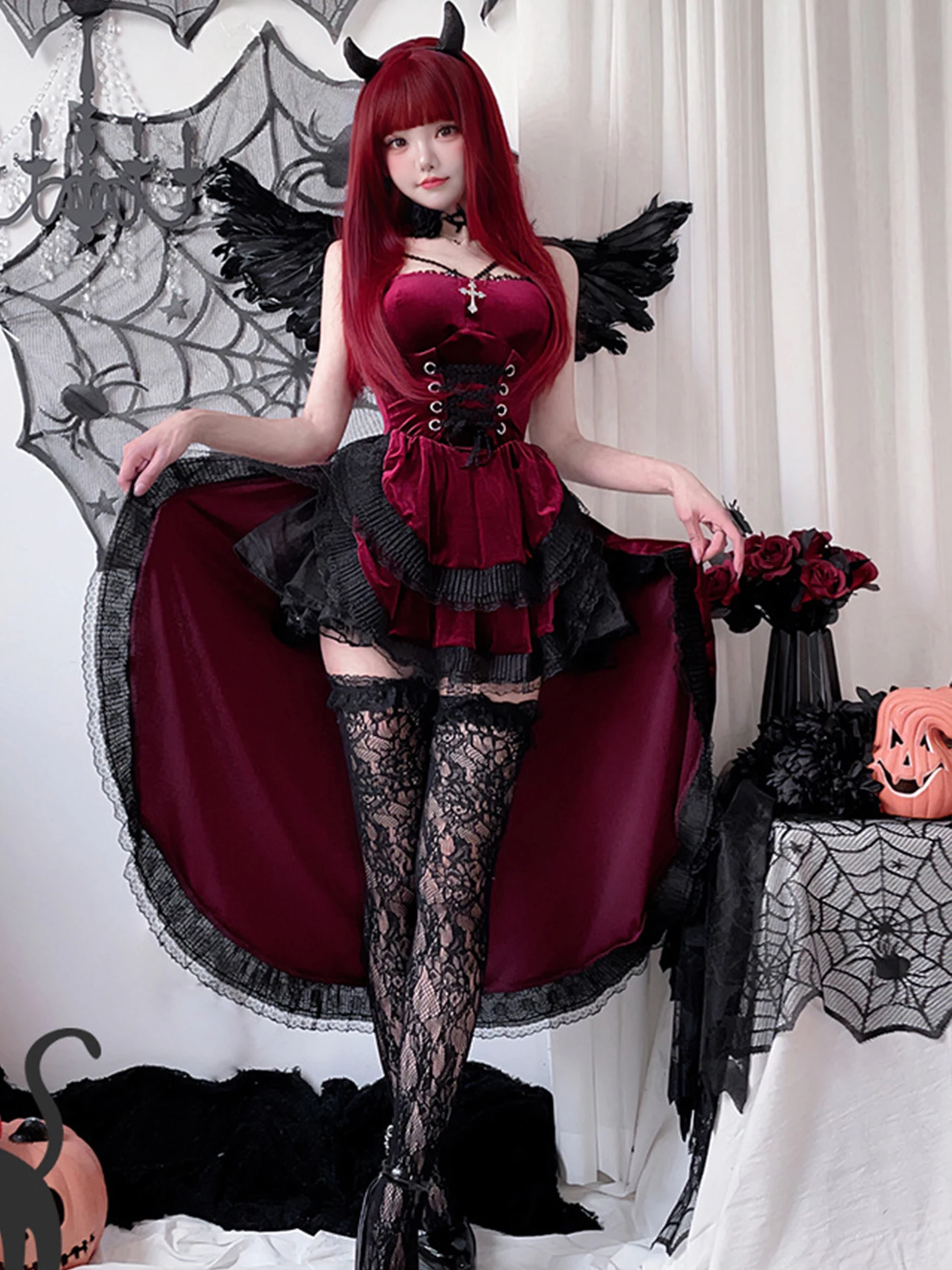 Gothic Halloween Cosplay Dr. Red Bla Lolita Rock Spitze Detailliertes Damen Tailliertes Sle Bell Bot Rock Trägerkleid