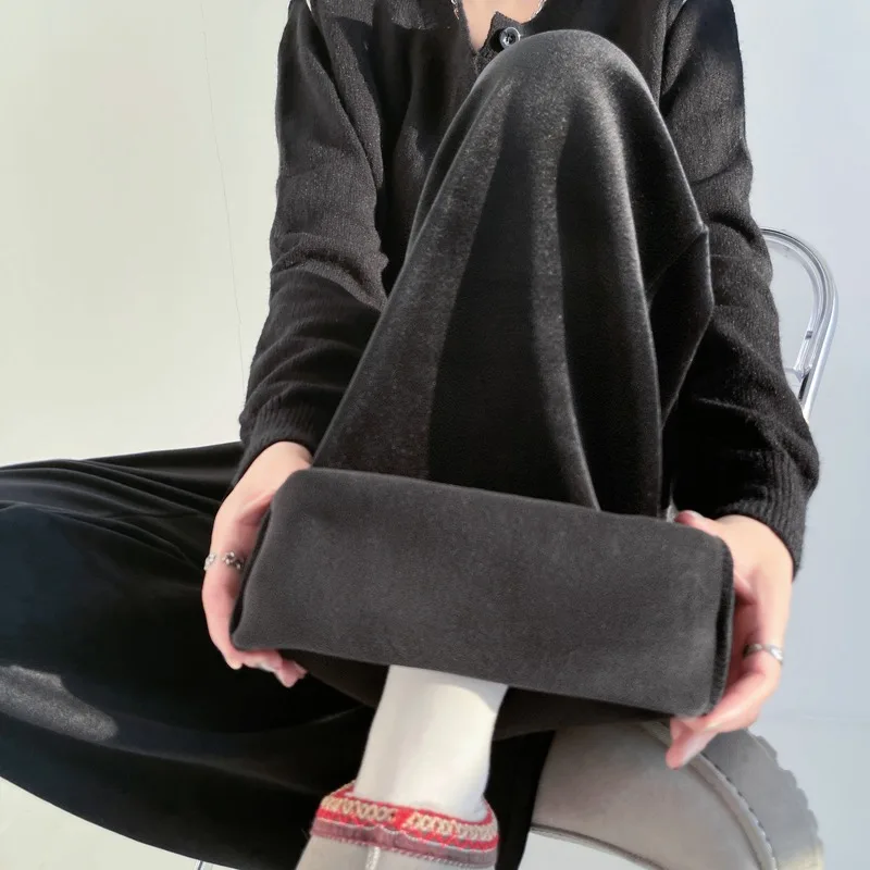 2025 outono inverno novo sle fce forrado thi bla veludo dstring calças de perna larga calças casuais versátil calças compridas