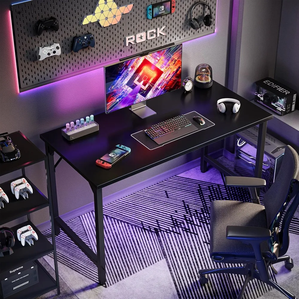 Escritorio de estudio y juegos ajustable de 47 pulgadas para oficina en casa, escritorio negro simple con patas resistentes, ideal para niños y trabajo informático