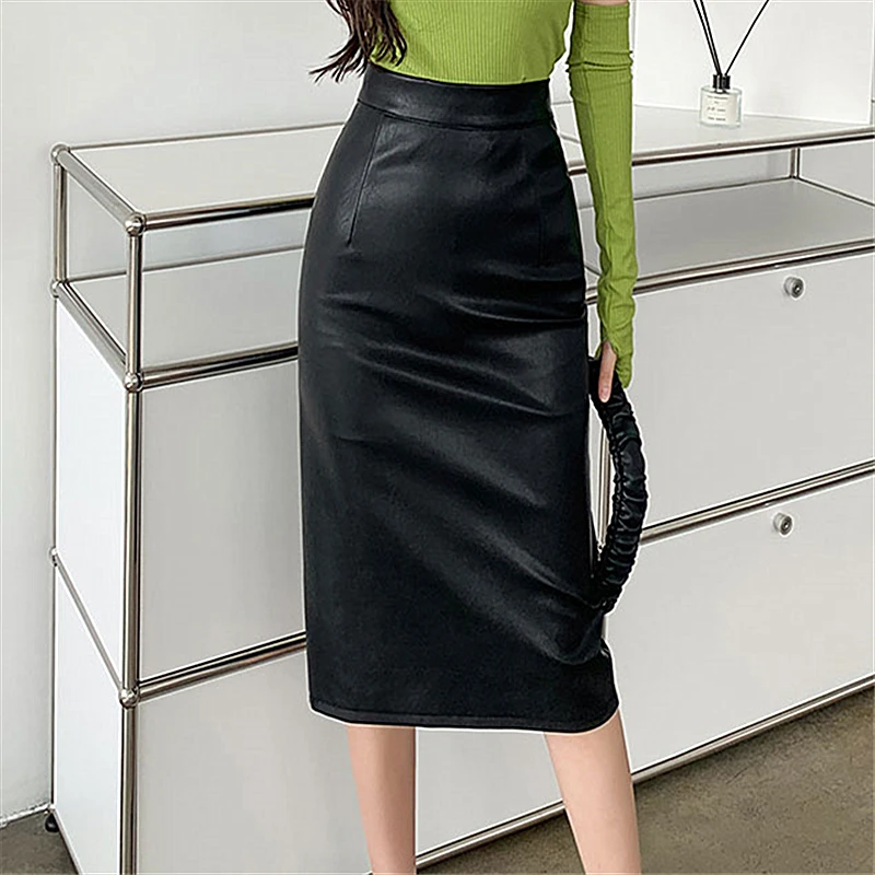 

Seoulish Vintage 2025 Autumn Winter New PU Leather Skirts for Women Elegant Solid Color High Waist Korean Office Lady Skirts