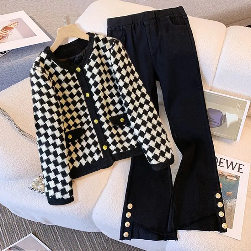 Vintage Winter Plaid Jacket Women Fashion Top Wide Leg Black Pants Suits Pantalon 2 Piece Sets Womens Outfits Woolen Coat