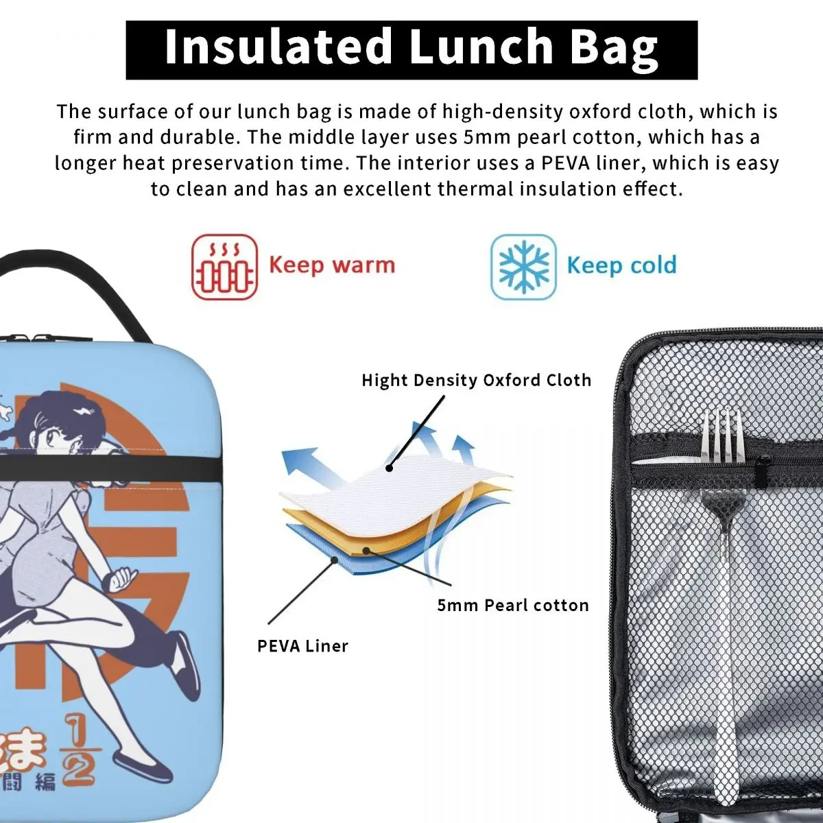 Ranma-fiambrera térmica para hombre y mujer, bolsa de almuerzo con aislamiento, contenedor de Anime Manga, de gran capacidad, para la universidad y