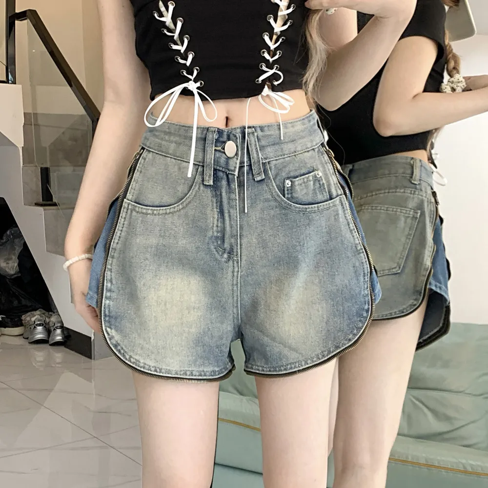 

Women's Denim Shorts Fashion Vintage High Waist Wide Leg Female Side Zipper Caual Summer Ladies Shorts Jeans