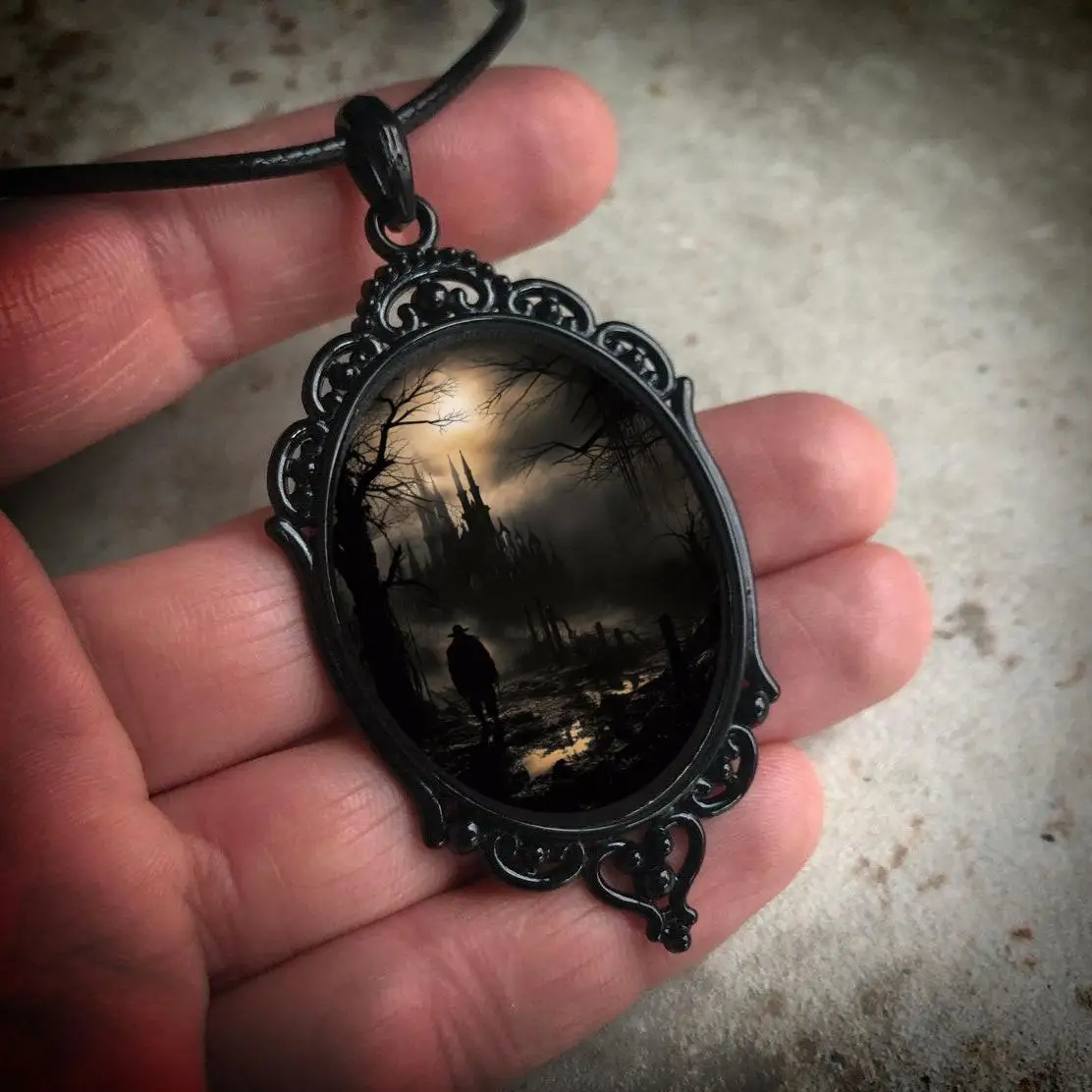 Gothic Retro Castle Cameo Necklace for Women Man Fashion Pagan Witchcraft Jewelry Crow Bat Ruin Castle Cameo Rope Chain Necklace