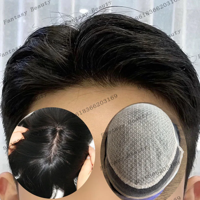 

Super Durable Diamond Silk Top Lace Front Human Hair Man's Wigs Natural Hairline Bleached Knots Natural Black Men Toupee System