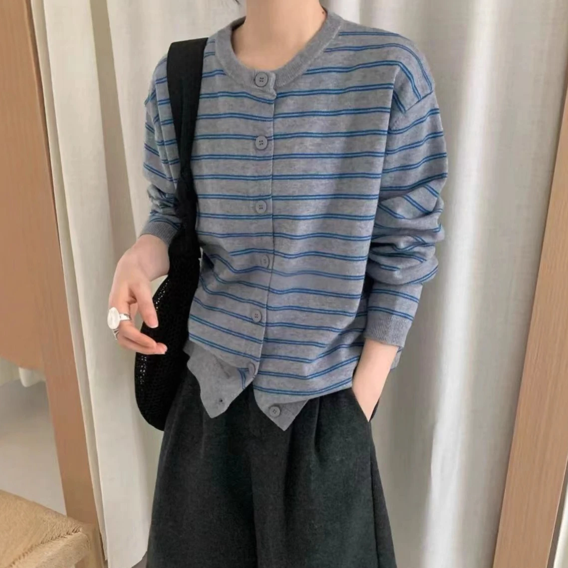 

Knitted Women Cardigan Sweaters Patchwork Jumpers Round Collar Long Sleeves Striped Thick Loose Fit Casual 2025 Autumn Winter