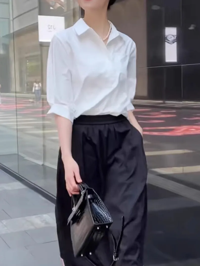 

White Pure Cotton Short Sleeve Women's Shirt Summer 2026 New plus Size Slimming Top Korean Style Commute Fashion plus Size