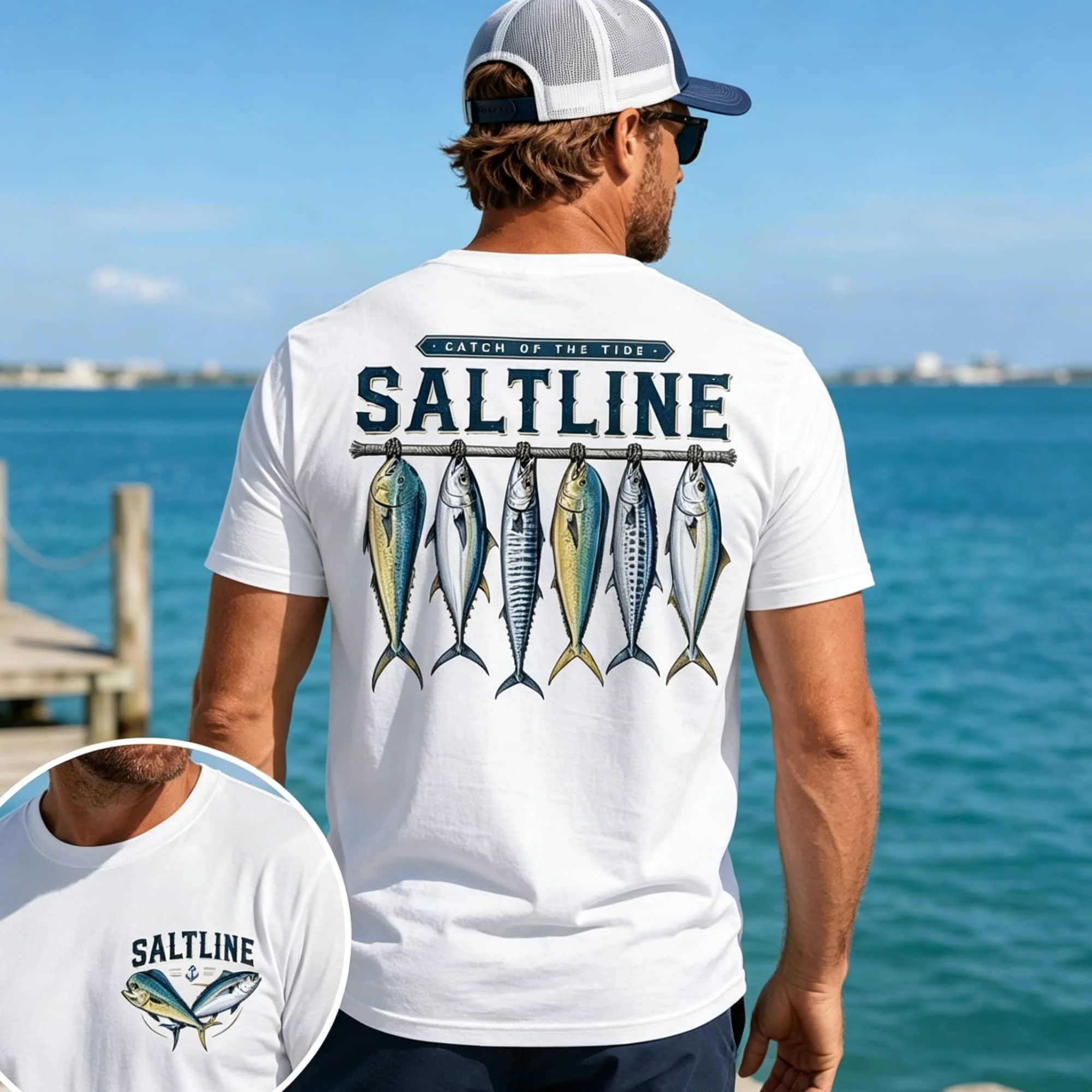 Herren-T-Shirt mit Rundhalsausschnitt und kurzen Ärmeln, mit Fisch-Grafikdruck auf Vorder- und Rückseite, Outdoor-Angler-Oberteil für Männer. – Detail 2