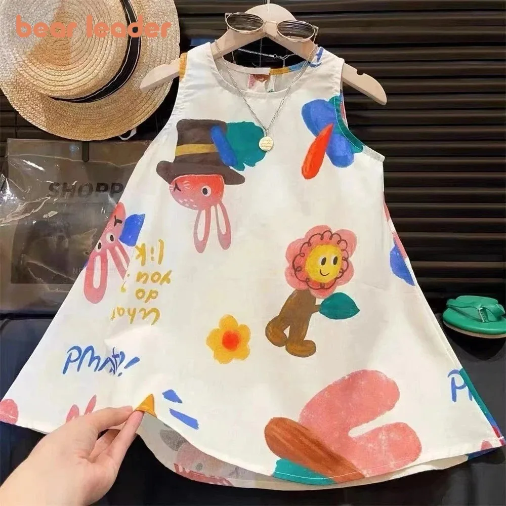 Bear Leader Summer Cartoon Printed Girls Casual Dresses Fashion Sleeveless Dress Children's Clothing Pattern Randomly Arranged