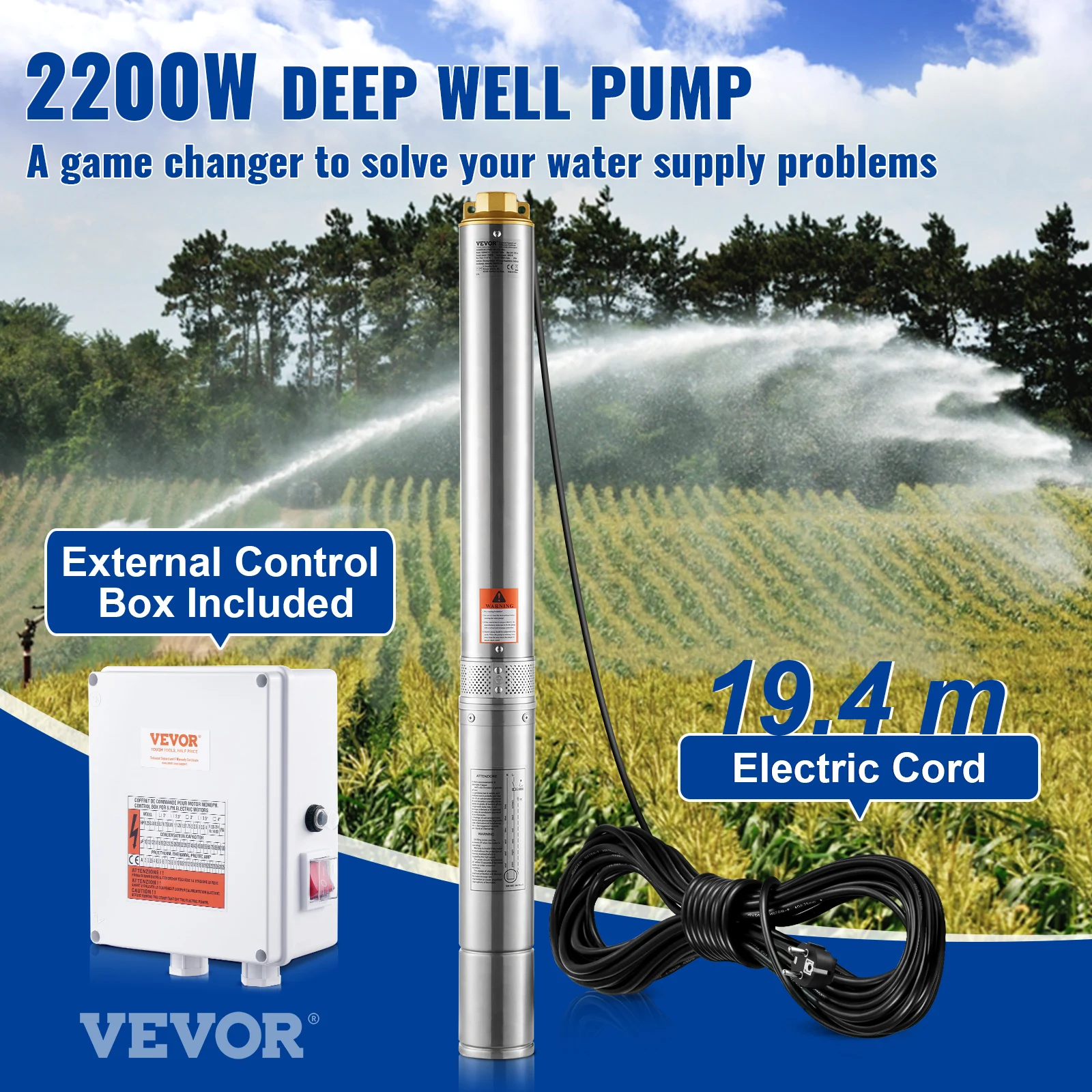 VEVOR Deep Well Submersible Pump 2200W 230V w/19.4 m Cord IP68 Waterproof Stainless Steel Water Pumps for Industrial Irrigation