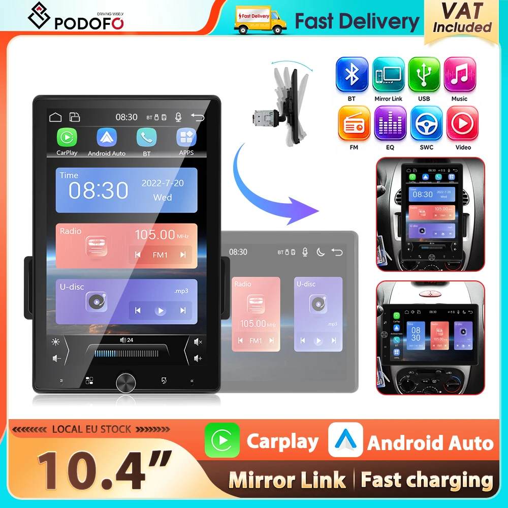 Podofo 10,4 Zoll 1Din MP5-Player Carplay Android Auto Multimedia-Player mit drehbarem Bildschirm, FM/RDS, BT, Mirror Link, EQ-Sound, USB, AUX, Auto-Audio