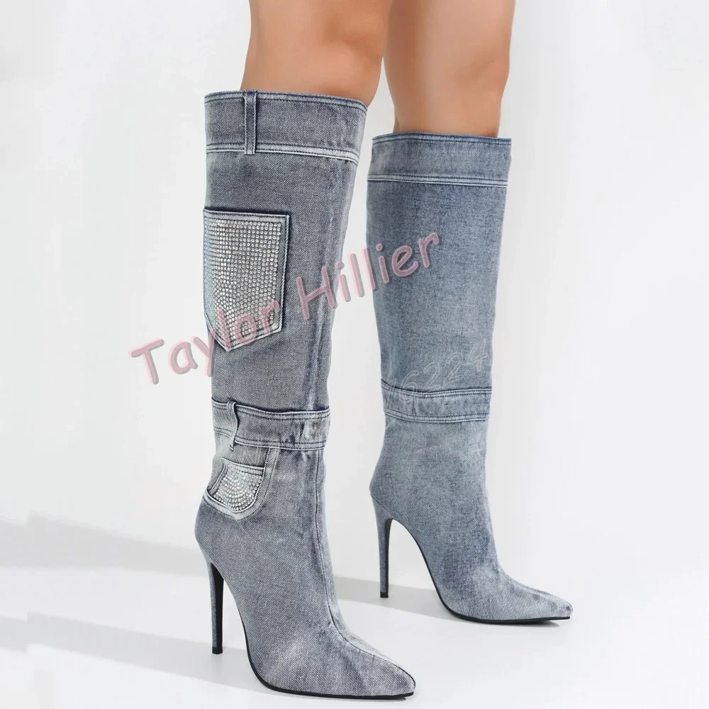 

Women'S Pocket Denim Rhinestone Knee-High Boots Pointed Toe Stiletto Party Boots Fashion Street Big Size Slip-On Stretch Boots