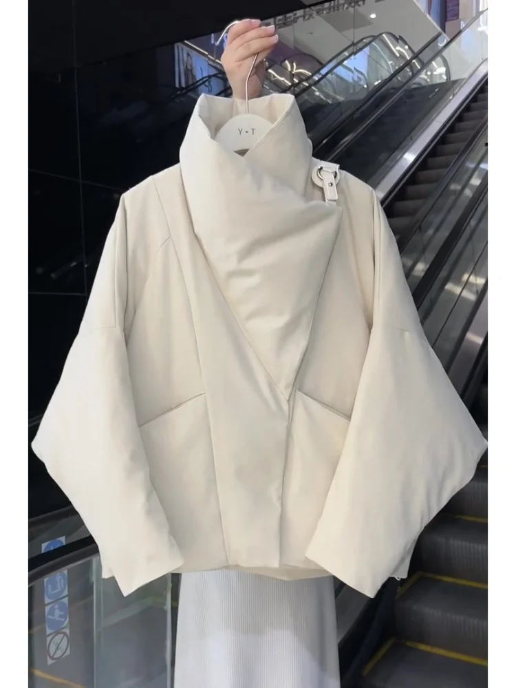 

White Thickened Cotton Jacket Women's Outerwear Shoulder-Length Sleeve Large Collar Korean Style Winter Warm Top