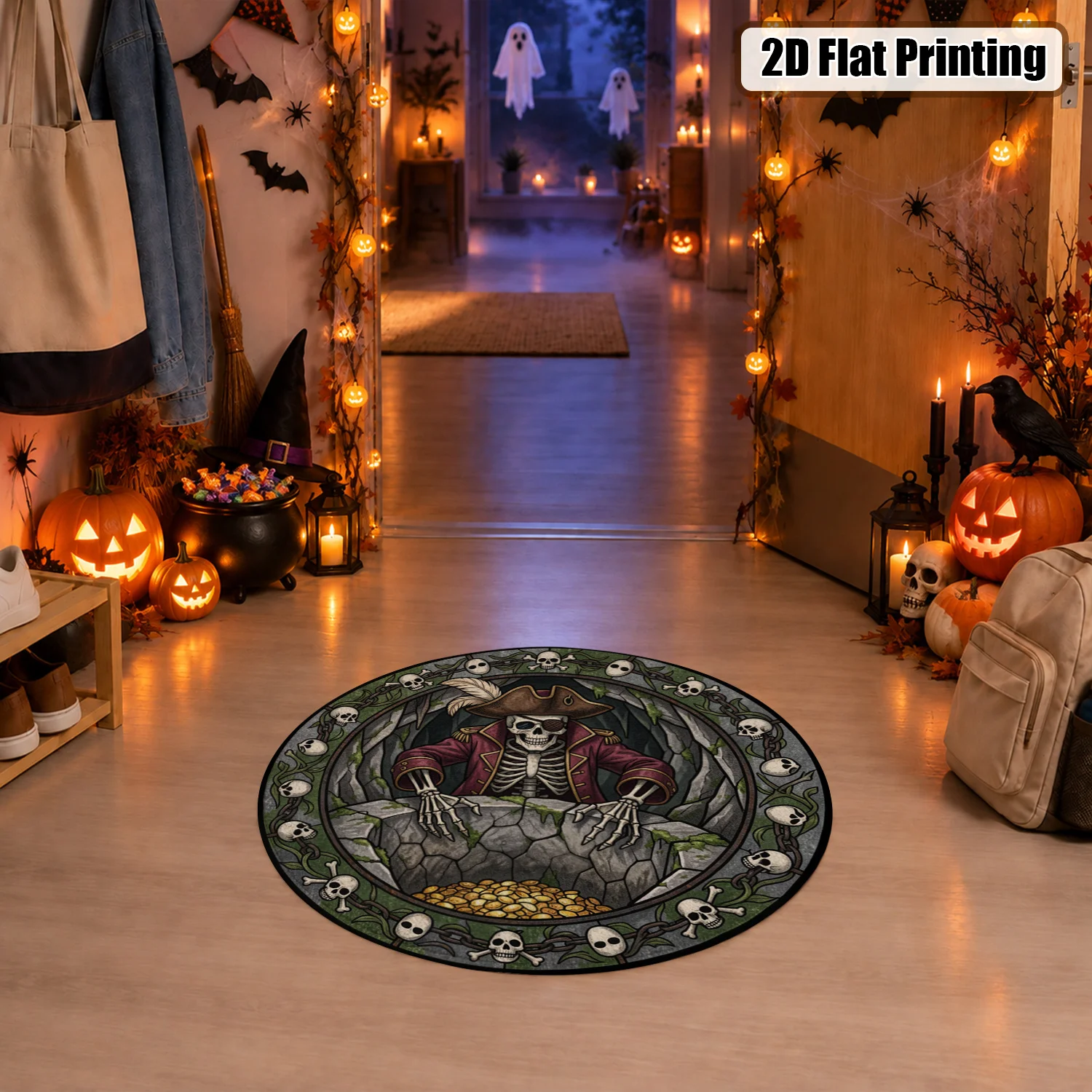 Pirate Skull Skeleton Design Round Velvet Rug Machine Washable in Living Room Bedroom Entryway Suitable for Halloween Thanksgiving Black Friday Christmas New Year