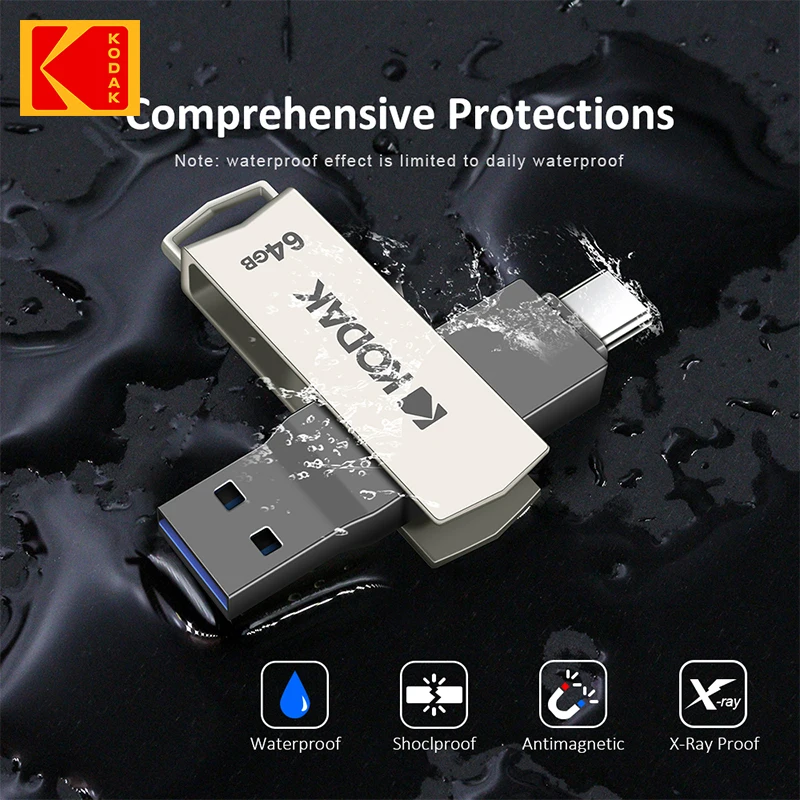 KODAK K273 USB3.2 Unidad flash USB tipo c de metal 64 GB 128 GB Tipo C 2 en 1 Memoria USB dual para computadoras y teléfonos inteligentes