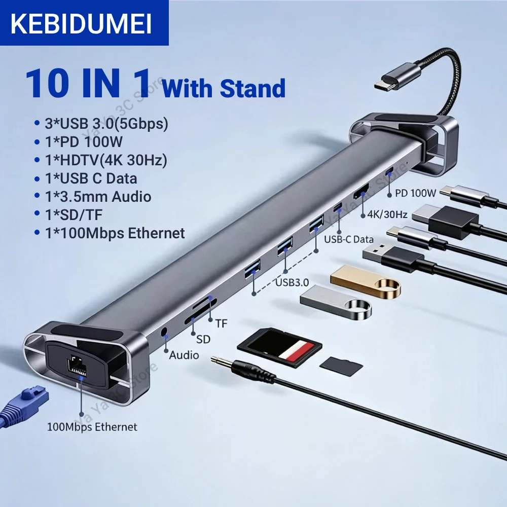 KEBIDUMEI 10 in 1 Type-C Hub USB 3.0 5Gbps 4K 30Hz HDTV RJ45 100Mbps USB-C Docking Station SD/TF 100W Charging Laptop Stand Base