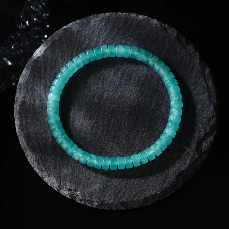 Natural Amazonite Tablet Cut Beaded Bracelet, Flat Slice Gemstone Single Strand Bracelet Calming Reiki Crystal Jewelry for Women