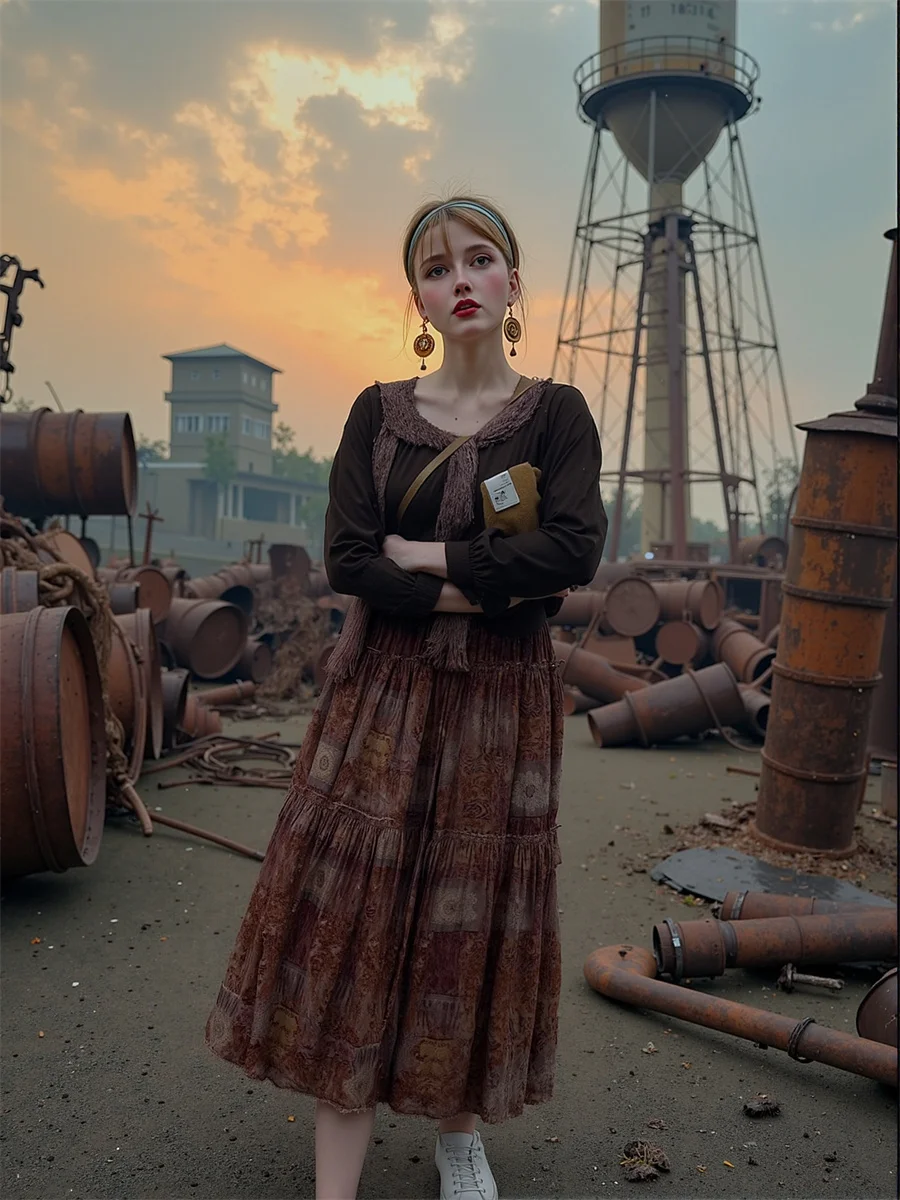 

Vintage Prints Long Skirts Womens Jacquard Pleated Ruffled Waist Buckle Irregular Hem Aesthetic Minimalist Retro Romantic