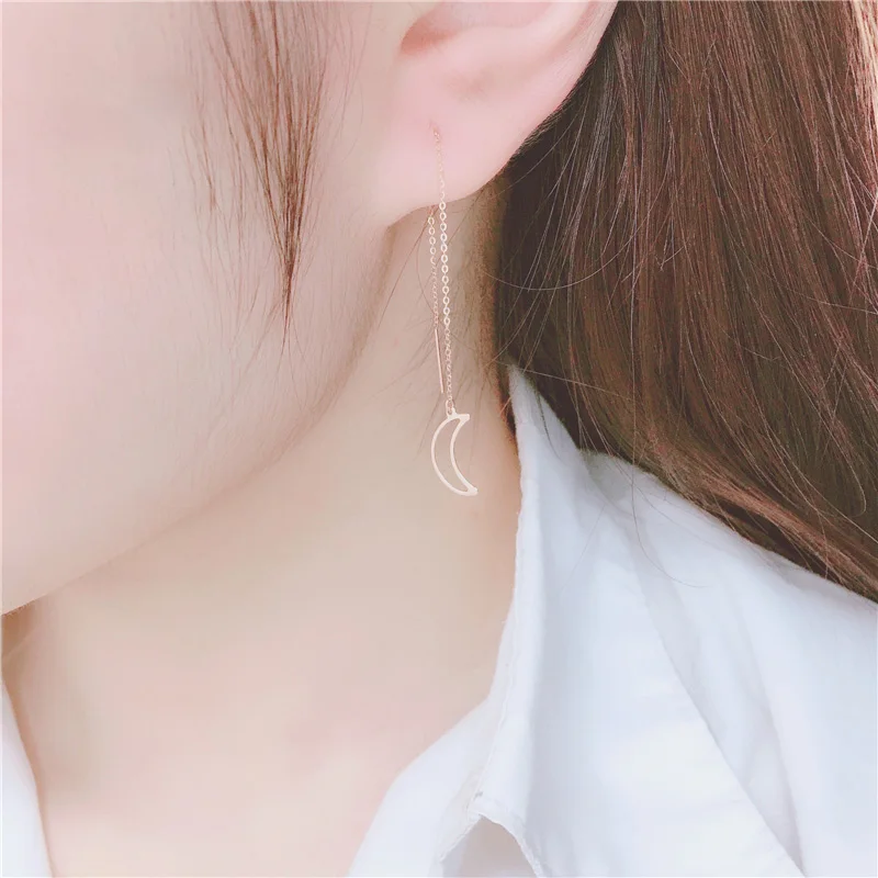 Light luxury Original 585 Purple Gold earrings for women Plated 14K Rose Gold Fashion Simple Star Moon Long Ear line Jewelry