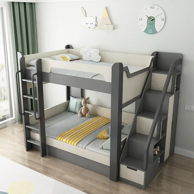درج نزل خشبي لغرفة الأطفال مقاس منزل مزدوج للأطفال بإطار كوين خشبي متين سرير علوي للأطفال مع دولاب