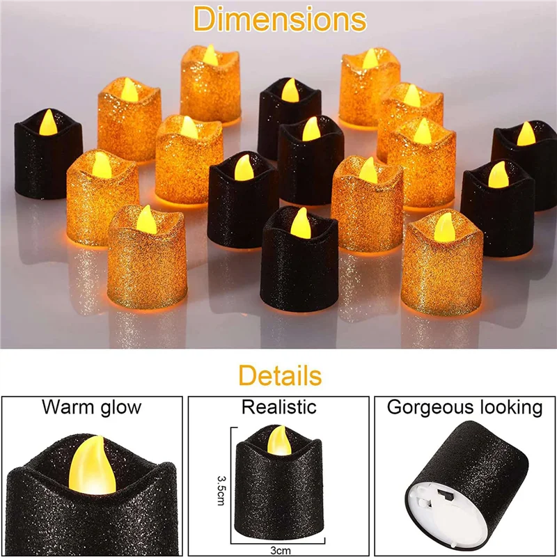A11I 48 confezioni di candele votive senza fiamma dorate Tealight a LED glitter neri Luci da tè a batteria Supporto per luce gialla calda