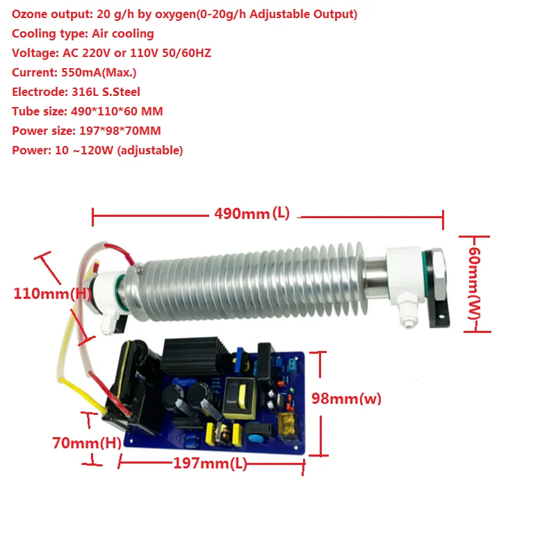 Air Cooling Quartz Tube Ozone Generator Module  20g 10g 8g 5g 3g for Air Water Purifier Ozone Generator Parts