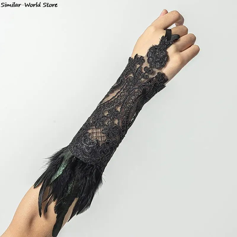 Women's Lace Feather Long Fingerless Gloves Bracelet Gothic Mesh Cuff Wedding Halloween Party Accessories