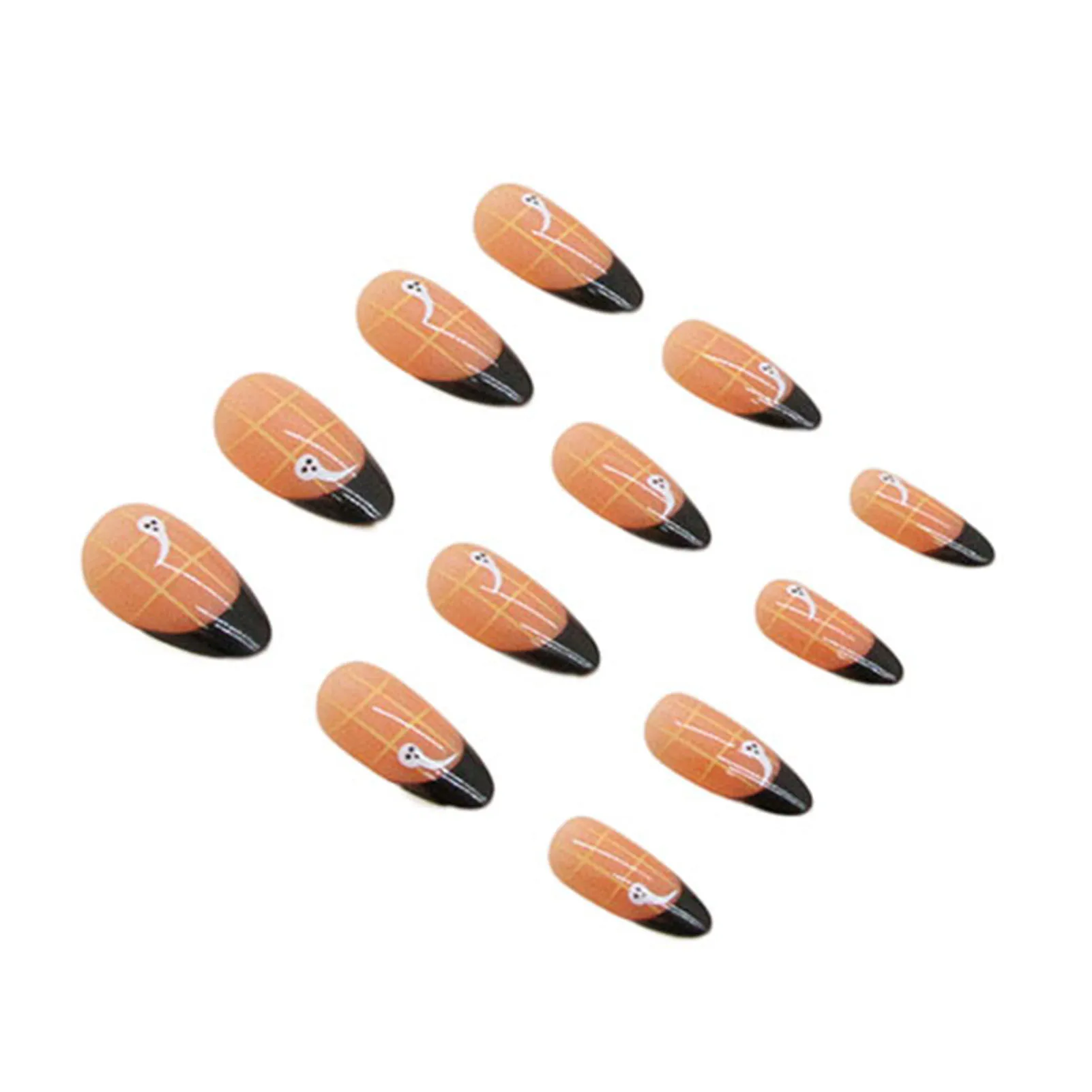 Black Round Tip Decor Almond False Manicure Sweet & Charming Reusable False Nails for Stage Performance Wear