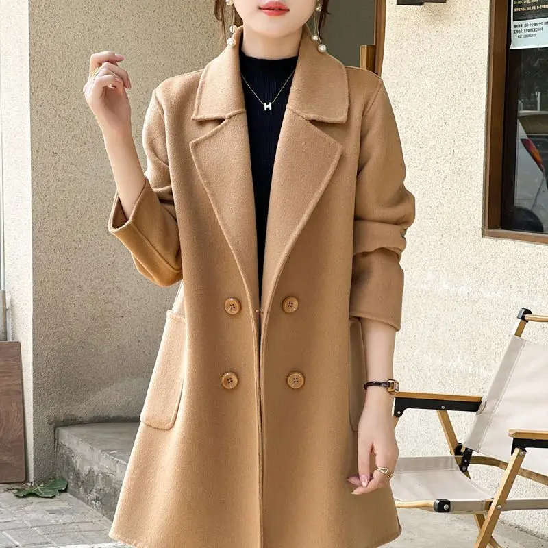 Women's Reversible Cashmere Coat, Advanced Sense Woolen Outcoat, Female Temperament, Mid-Length Loose Outwear, Autumn, Winter