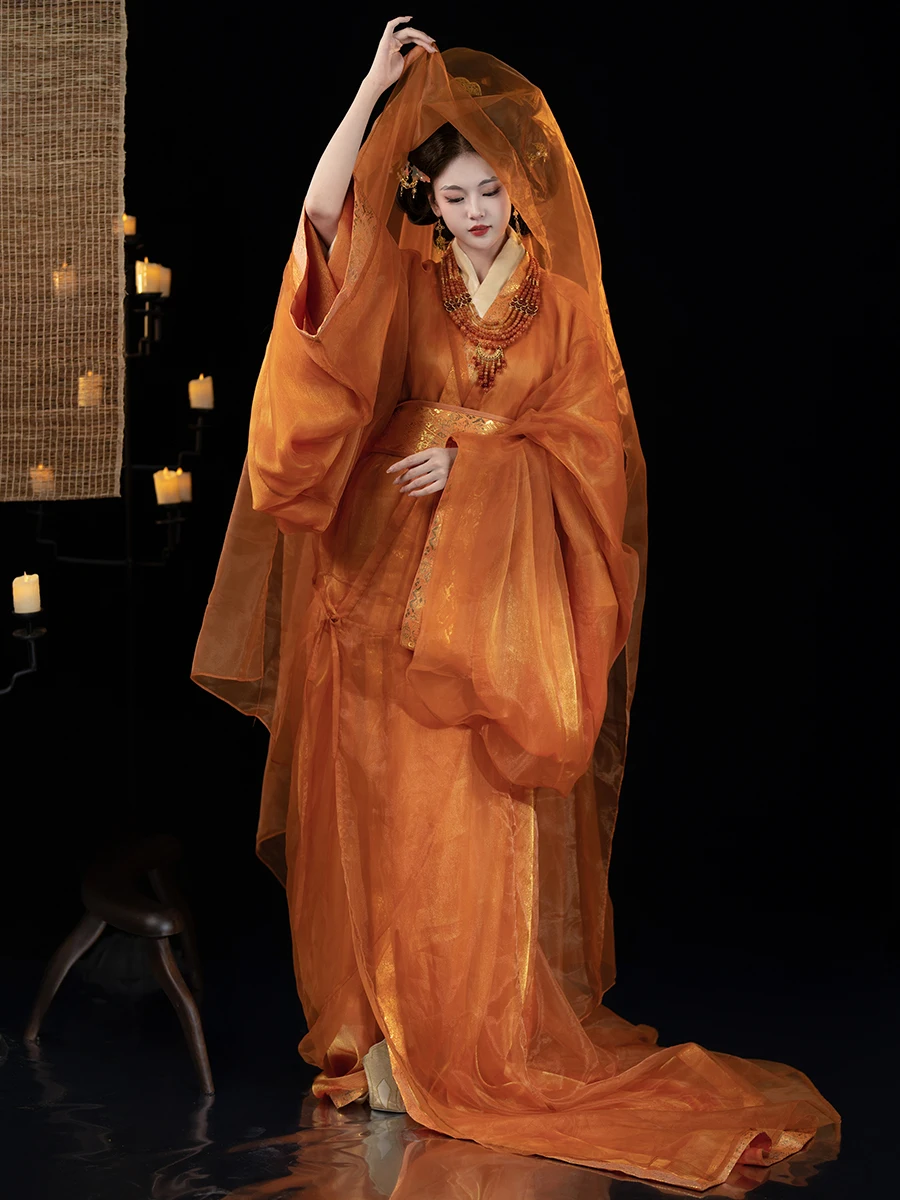 

Anchi Golden Crow Outfit Продается ограниченная серия Hanfu Warring States Robe Gold Weave Ancient Orange Двухслойный весенний халат A...