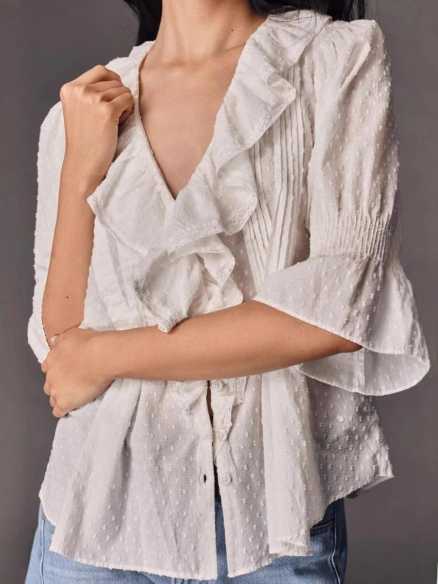 

Ele ort Sve T-irt Women's Lace Slim Fit Cardigan Top Faionable New Season Women's Faion irt Thin PU Material