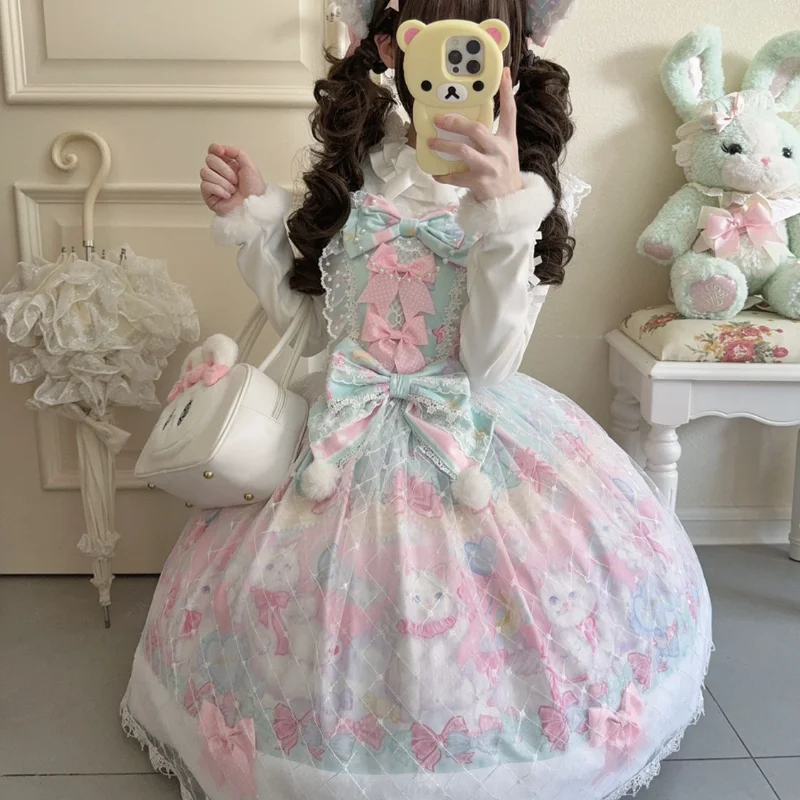 2025 japonés lindo niñas dulce vestido de tirantes de Lolita conjunto de capa invierno nuevo lindo arco de encaje vestido de fiesta de cumpleaños mujeres Lo Kawaii vestido