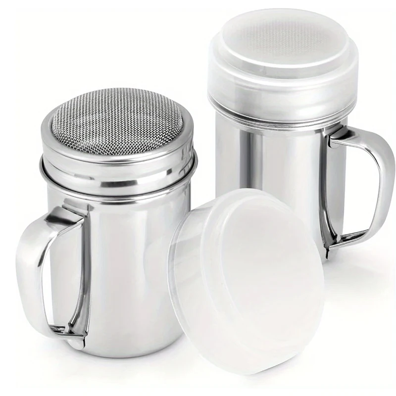 2 Stück Puderzuckerstreuer aus Edelstahl mit Griff, feinmaschiges Streuer, Pulverdosen mit Deckel, Gewürz, Salz, Zucker, Pfeffer, Glas-Set