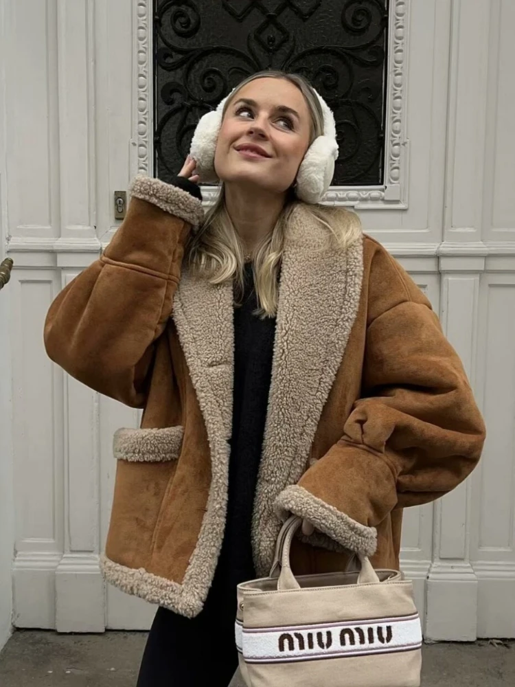 

Vintage Autumn Winter Women's Wool Coat Lapel Loose Leather and Fur Top Fleece Lining Button Cardigan Long Sleeves Streetwear