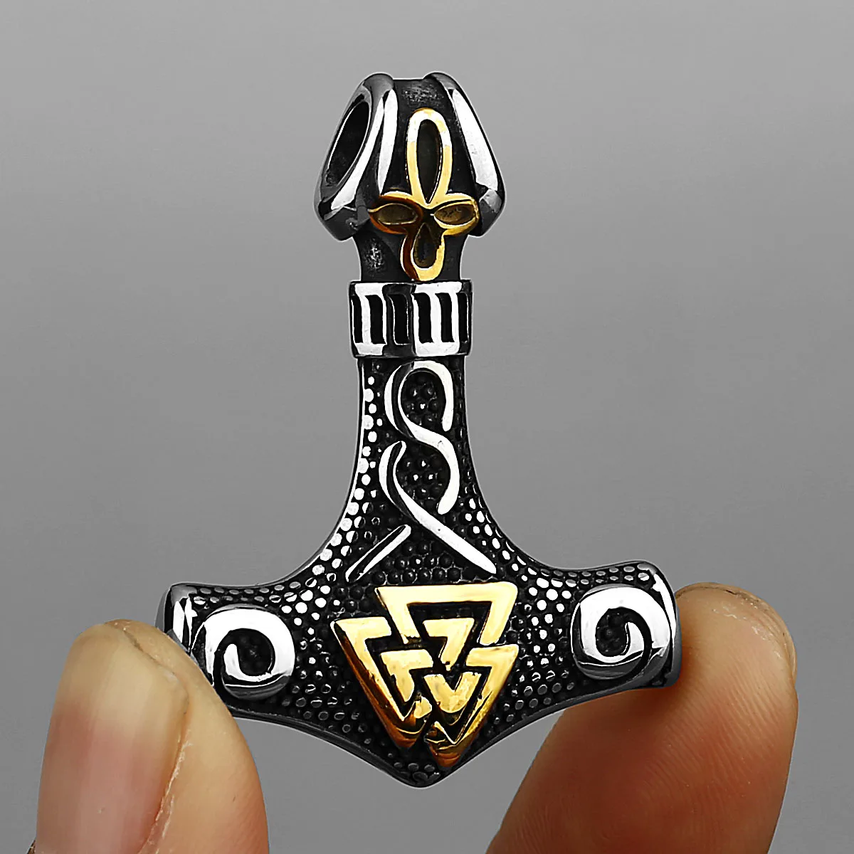 Viking Thor's Hammer Pendant Necklace Men's Vintage Nordic Jewelry Gift Stainless Steel Mixed Gold Color Rune Amulet Gift