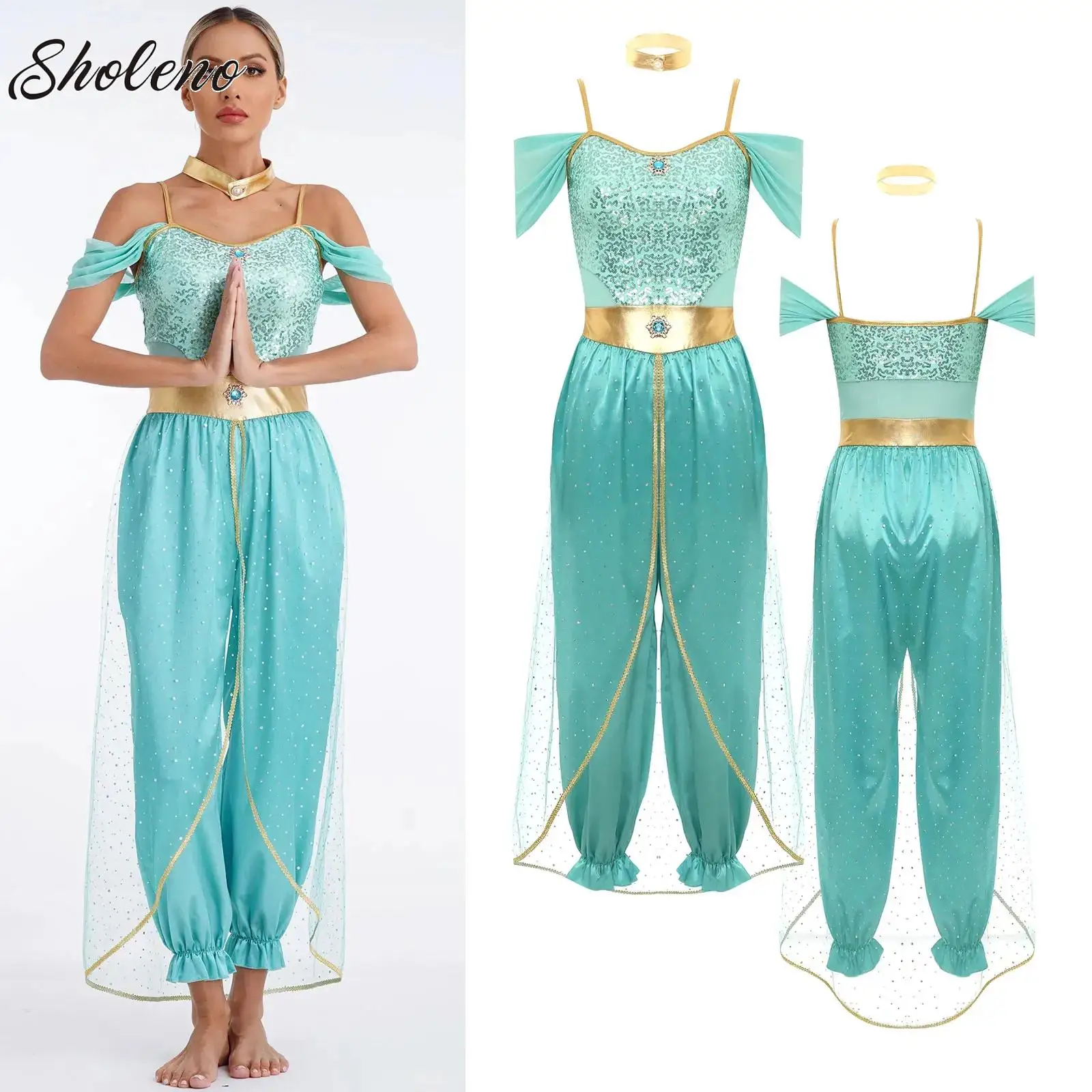 

Women Festival Arabian Princess Costume Indian Belly Dance Gems Adorned Romper Halloween Party Cosplay Jasmines Fancy Outfit