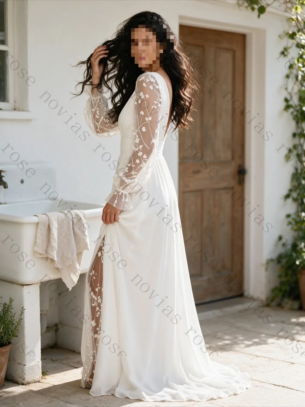 Customized Bohemian Deep V-neck Long Sleeved Lace Wedding Dresses A-line Chiffon High Waisted Bridal Gown Suitable for Gardens
