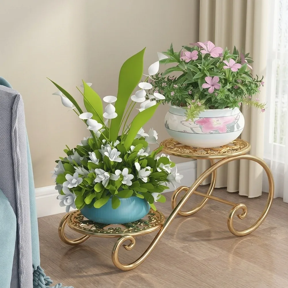 for Black White Gold 2 Tier Plant Stand - Iron Flower Shelf with Curved Support Frame and Hollow Pattern Disc Base