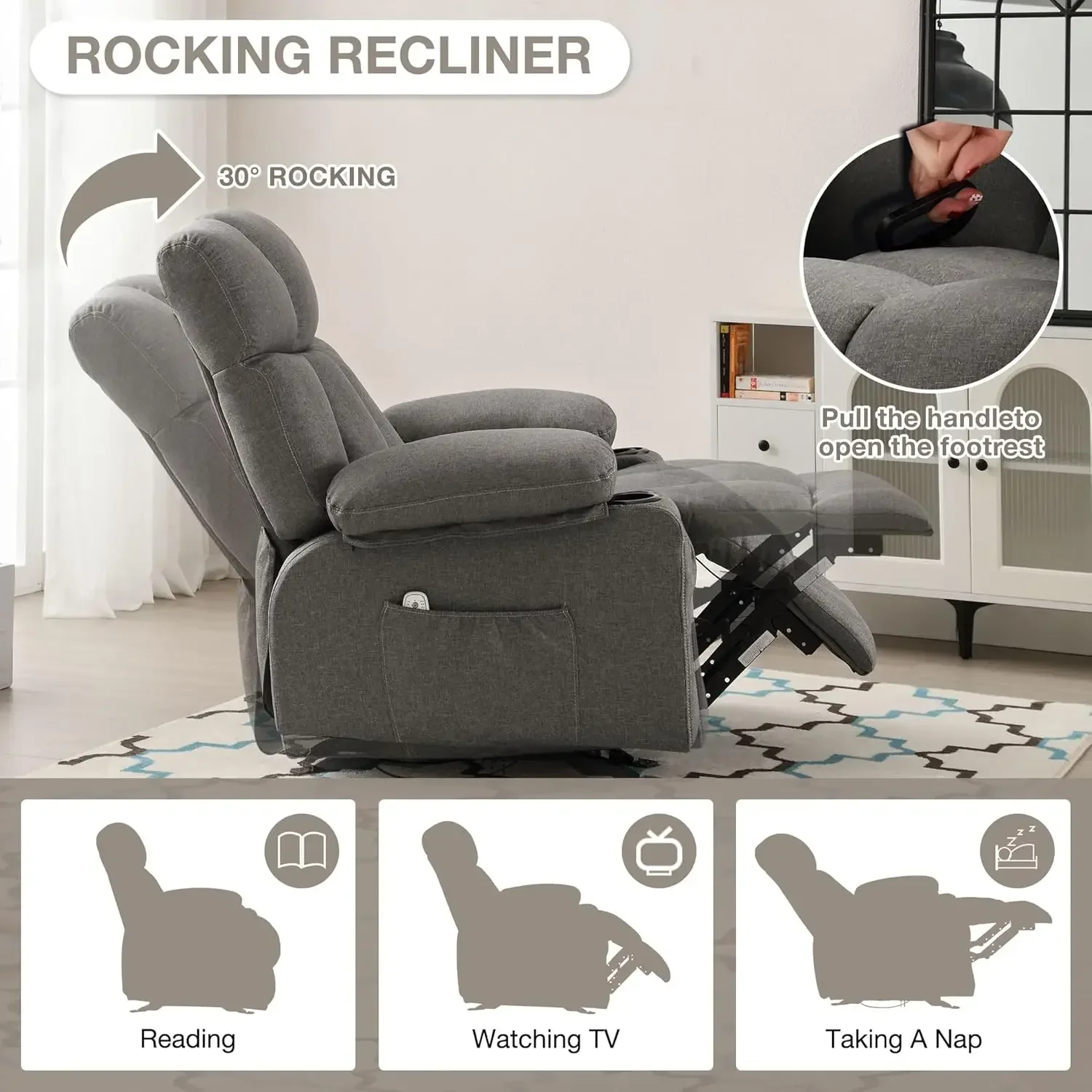 [Preço com desconto! ] Cadeira reclinável massage rocker com calor e vibração Cadeira de balanço ergonômica para sala de estar confortável