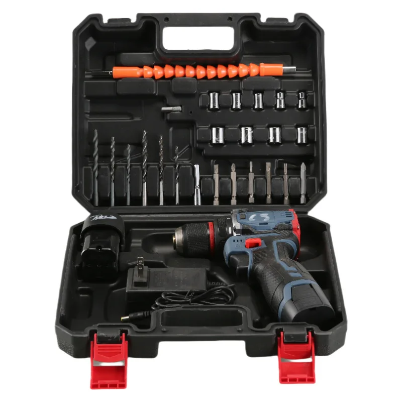 Juego de taladro eléctrico inalámbrico de 16V, fuente de alimentación de carga, portabrocas sin llave, 2 velocidades variables, 40 Uds. De brocas, luz de trabajo integrada