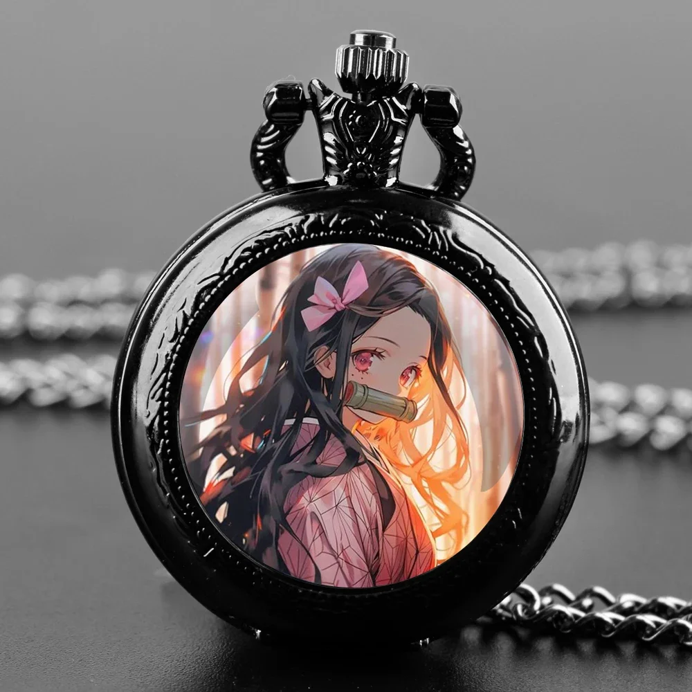 New Demon Slayer Kamado Nezuko Quartz Pocket Watch for Women Men Necklace Unique Pendant Clock Chain Watch Gift Accessories