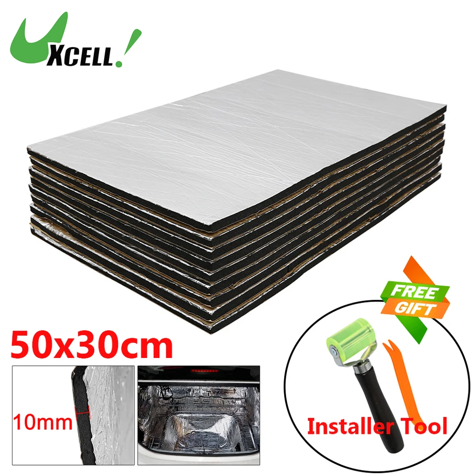 MUCKLILY 10 Pièces Kit Isolation Thermique & Phonique Voiture - Film Alu Caoutchouc Doré 25x18 Cm, Anti-Chaleur & Anti-Bruit Capot Moteur