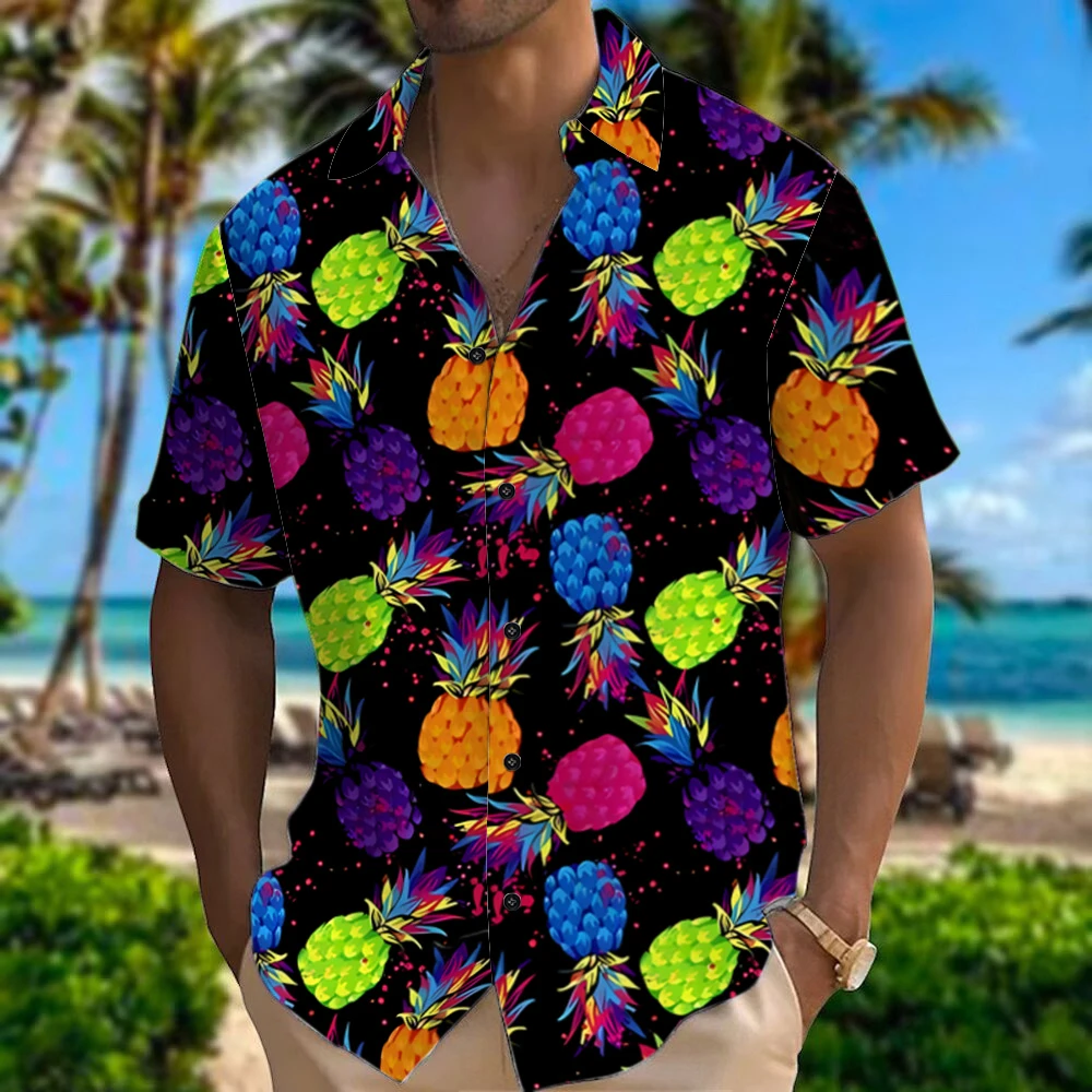 Colorful Pineapple Pattern Men\'s Short Sleeve Button Down Lapel Shirt For Summer Resort Holiday, Hawaiian Style