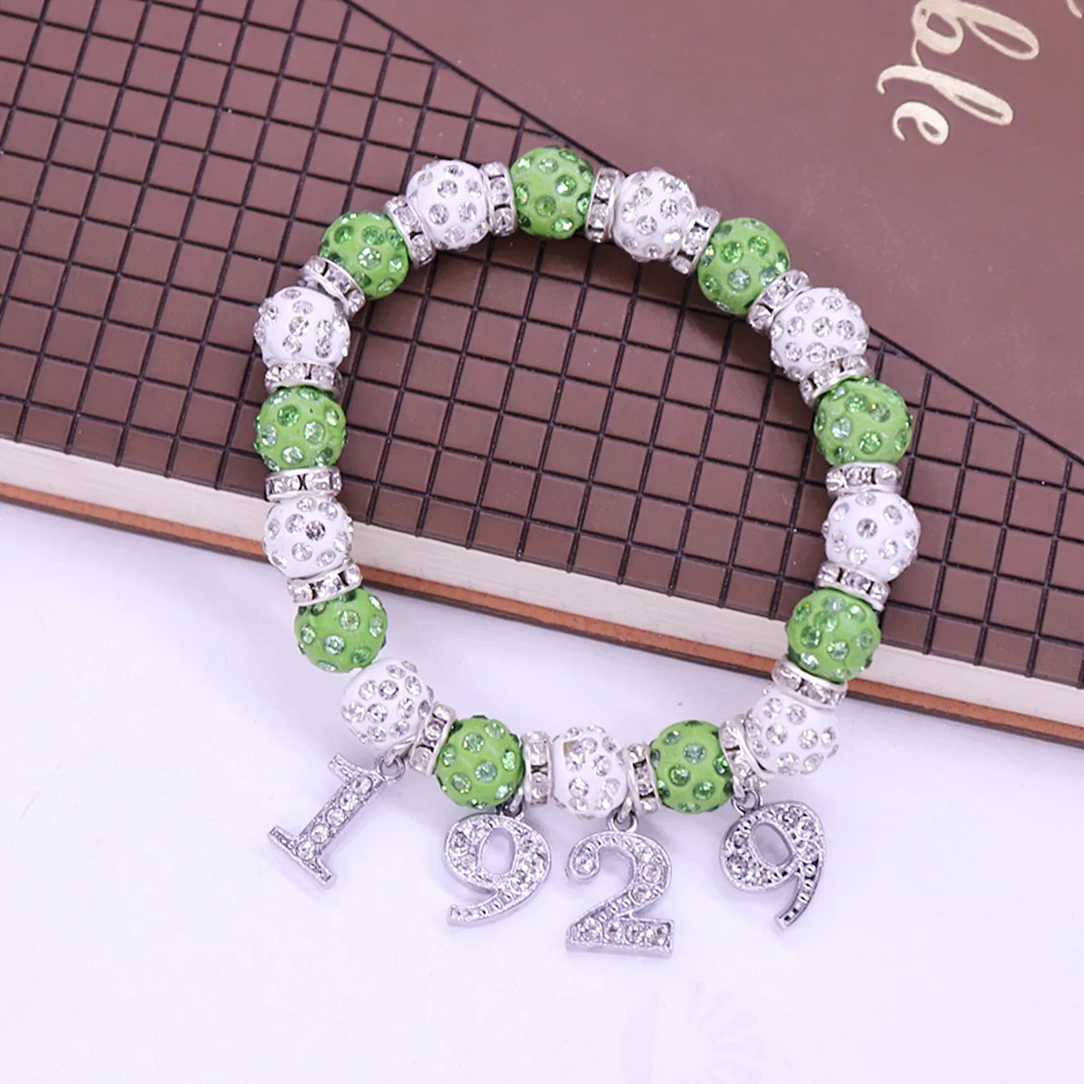 Customized White Green Crystal Beads Greek Letters Lady Club Iota Phi Lambda 1929 Sorority Bracelet Adjust